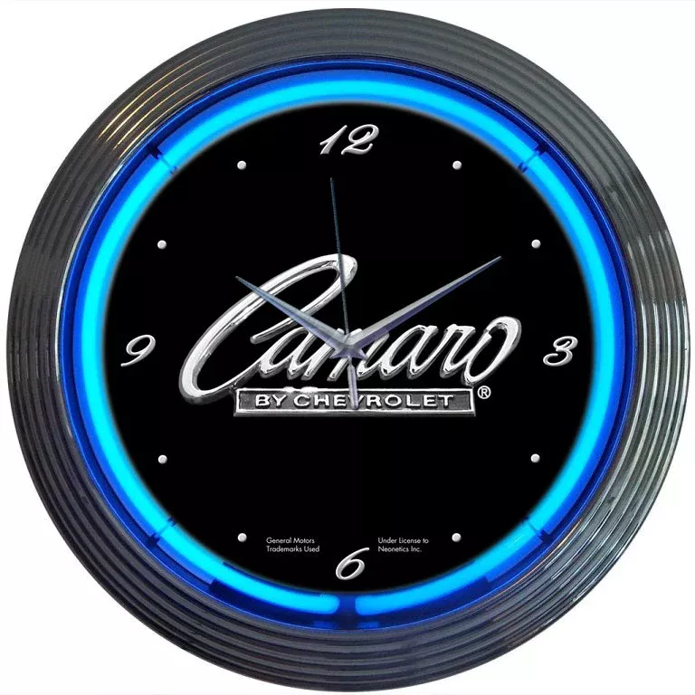 "Camaro By Chevrolet" Logo Neon Wall Clock Black & Chrome with Blue Illumination